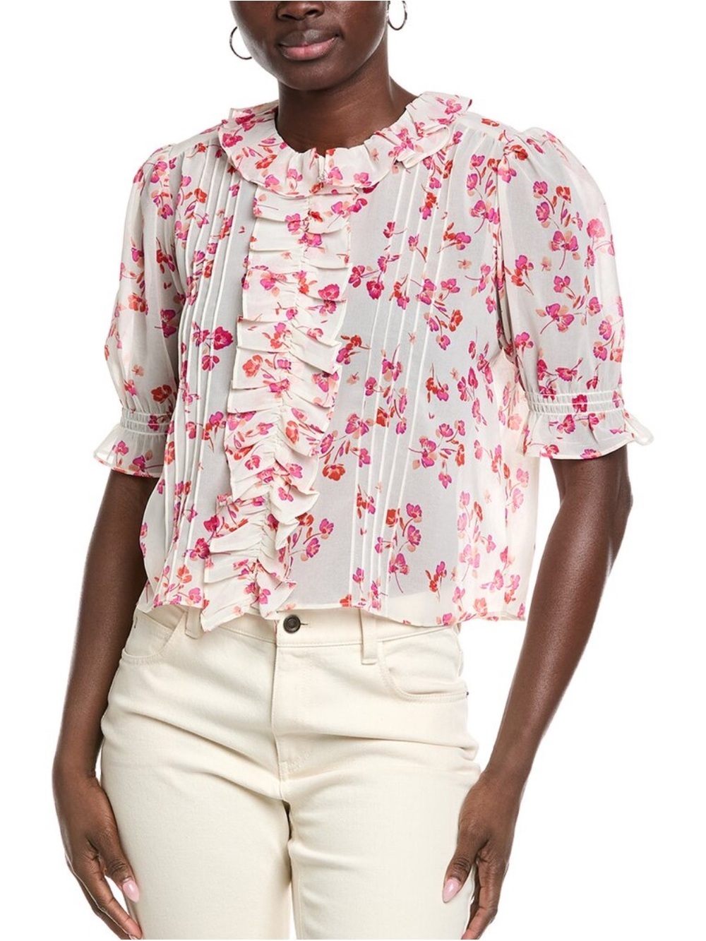 Cabi Cherish Top Pink Floral Ruffle-Front Women’s Blouse